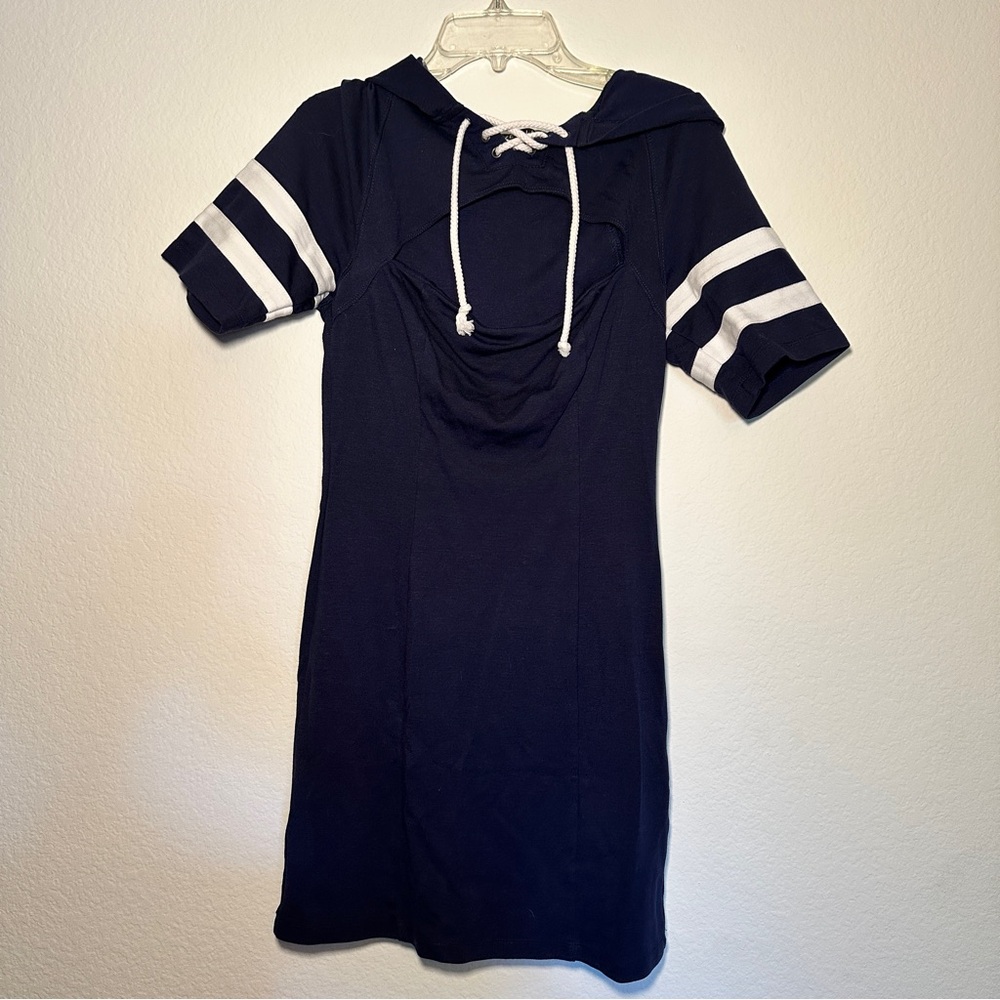 Venus - Navy Blue Hooded Dress with White Stripes